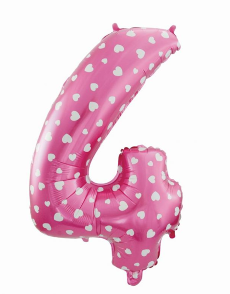 Folienballon - Zahl 4: Pinke Zahl mit Herzen-​ ø 61cm